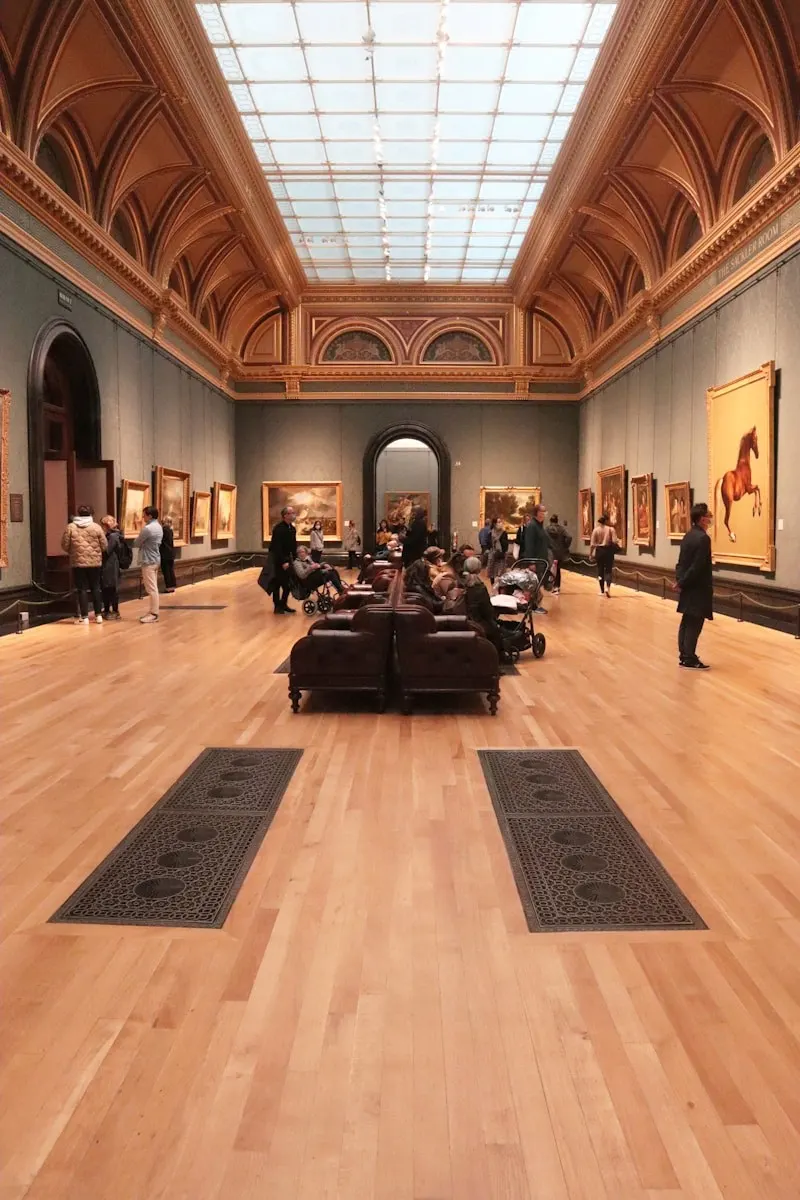 A long, skylit museum gallery