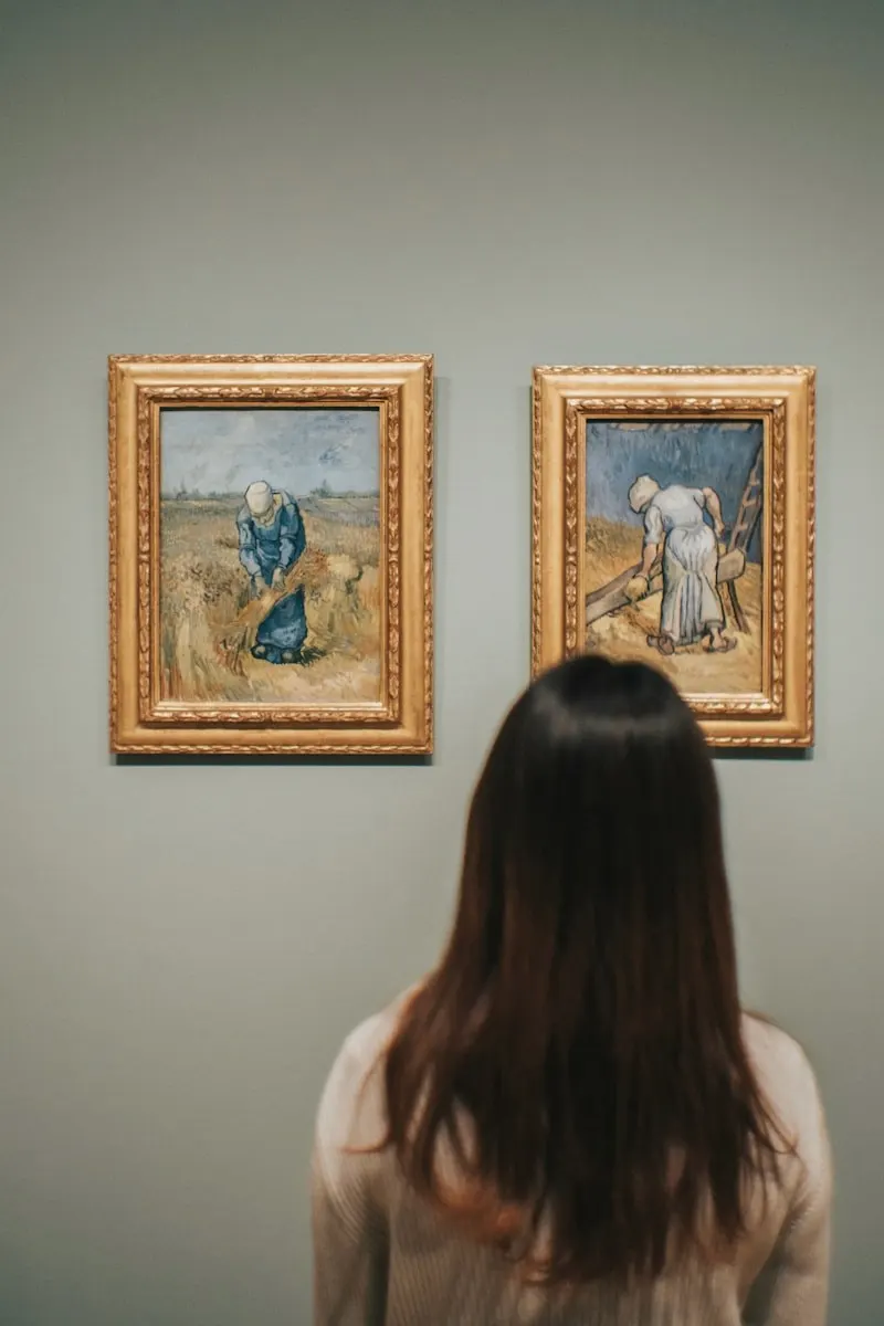 A visitor looking at two framed paintings