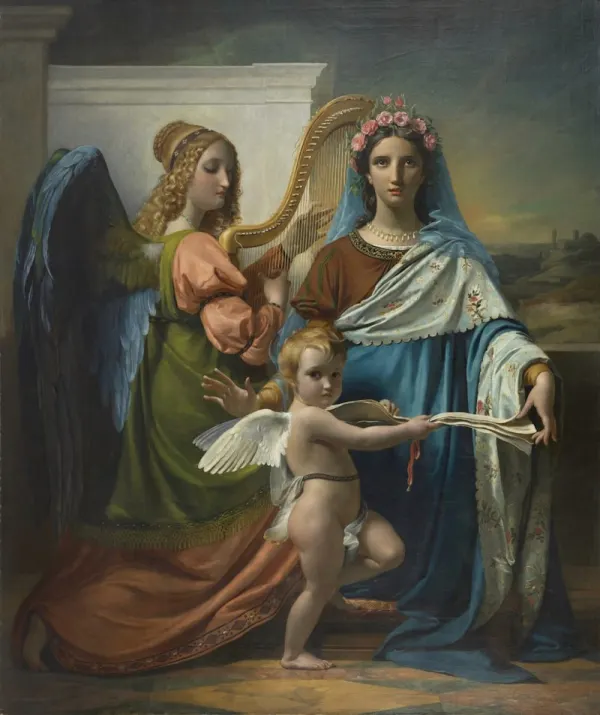 A painting of a woman with a harp, an angel and a cherub