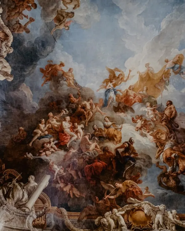 A Baroque ceiling fresco of figures among clouds